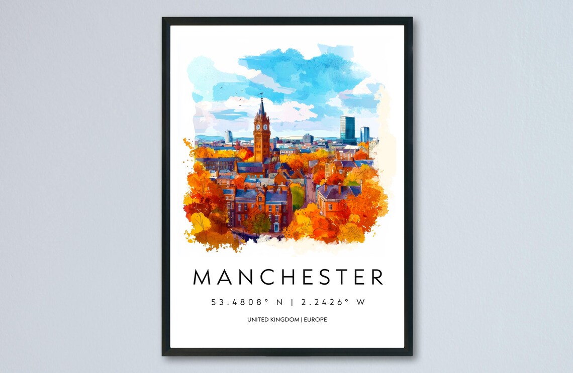 Manchester England Autumn Skyline Watercolor Travel Art Poster