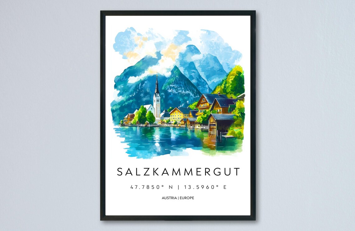 Salzkammergut Austria Alpine Lake Village Watercolor Travel Poster