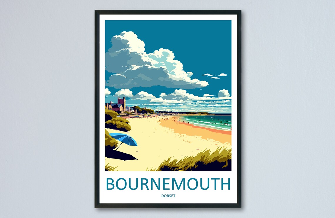 Bournemouth Travel Poster, England Beach Wall Art