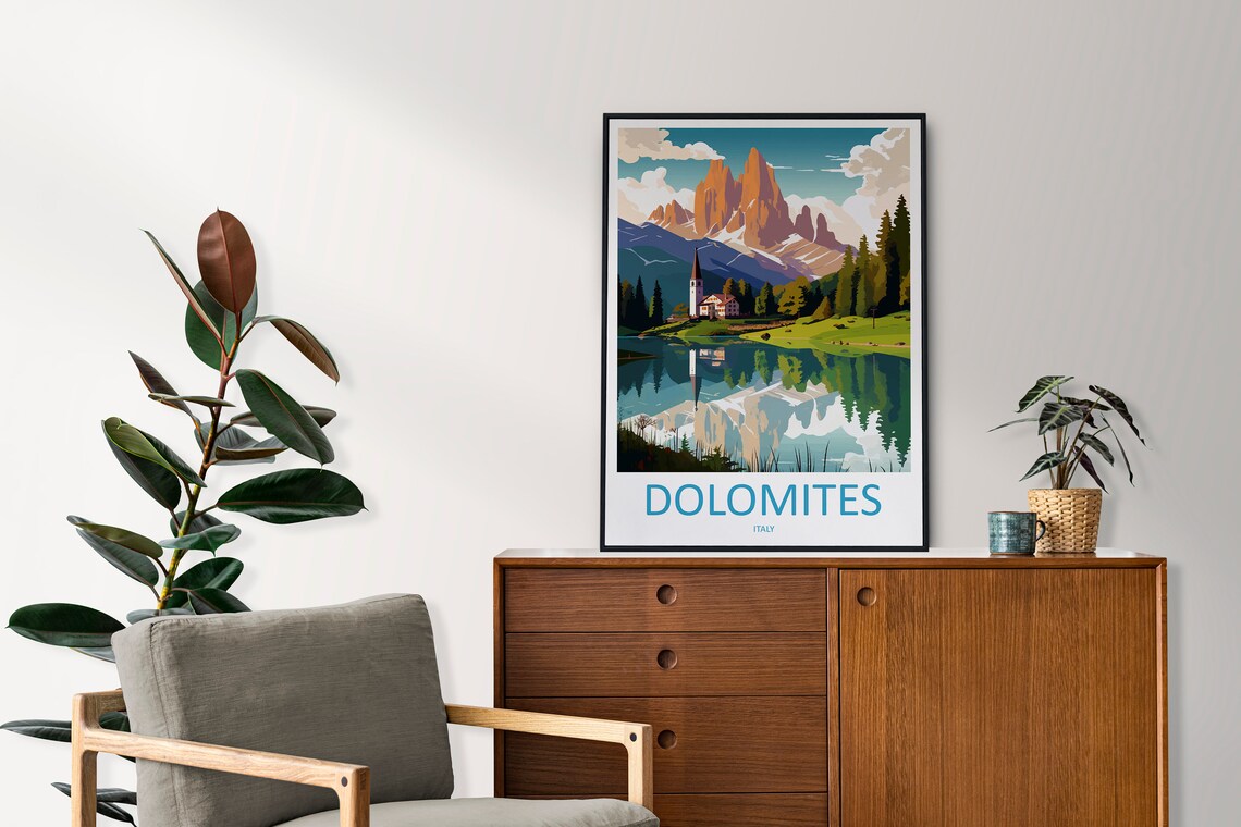 Dolomites Italy Mountain Lake Chapel Alpine Scene Travel Poster - Image 2