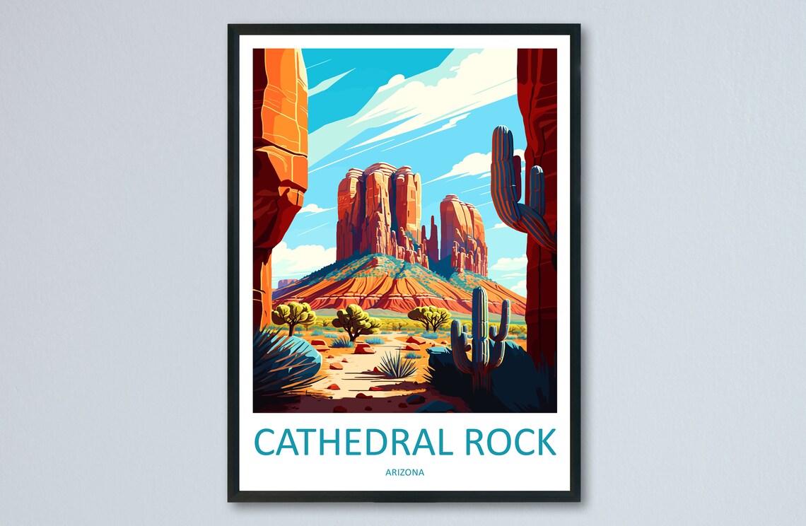 Cathedral Rock Arizona Red Desert Buttes with Cacti Scenic Poster