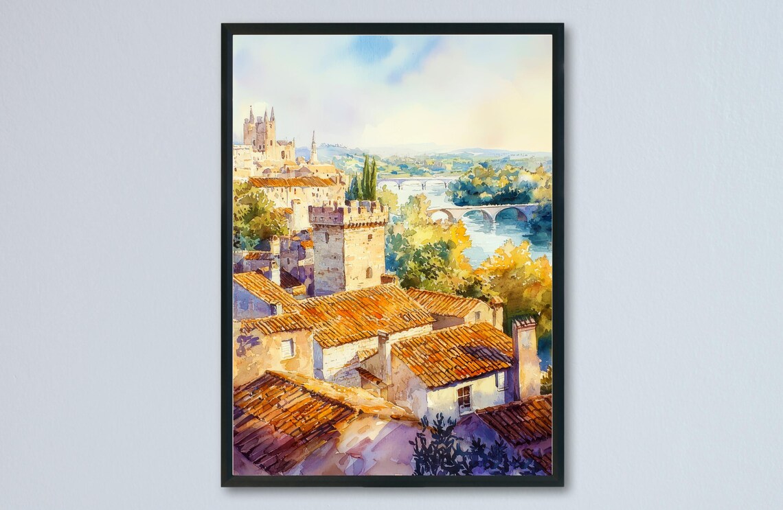 Avignon France Cathedral Bridge River Rhone Watercolor Art Poster