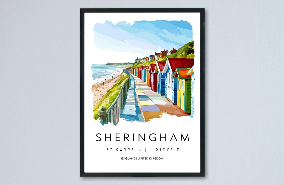 Sheringham Colorful Beach Huts Promenade Norfolk Watercolor Poster