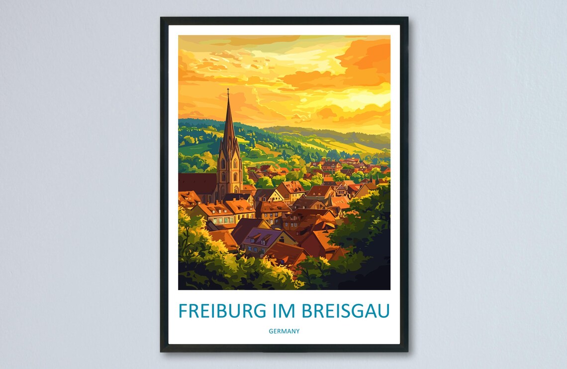 Freiburg Im Breisgau Church Spire Old Town Golden Sky Travel Poster