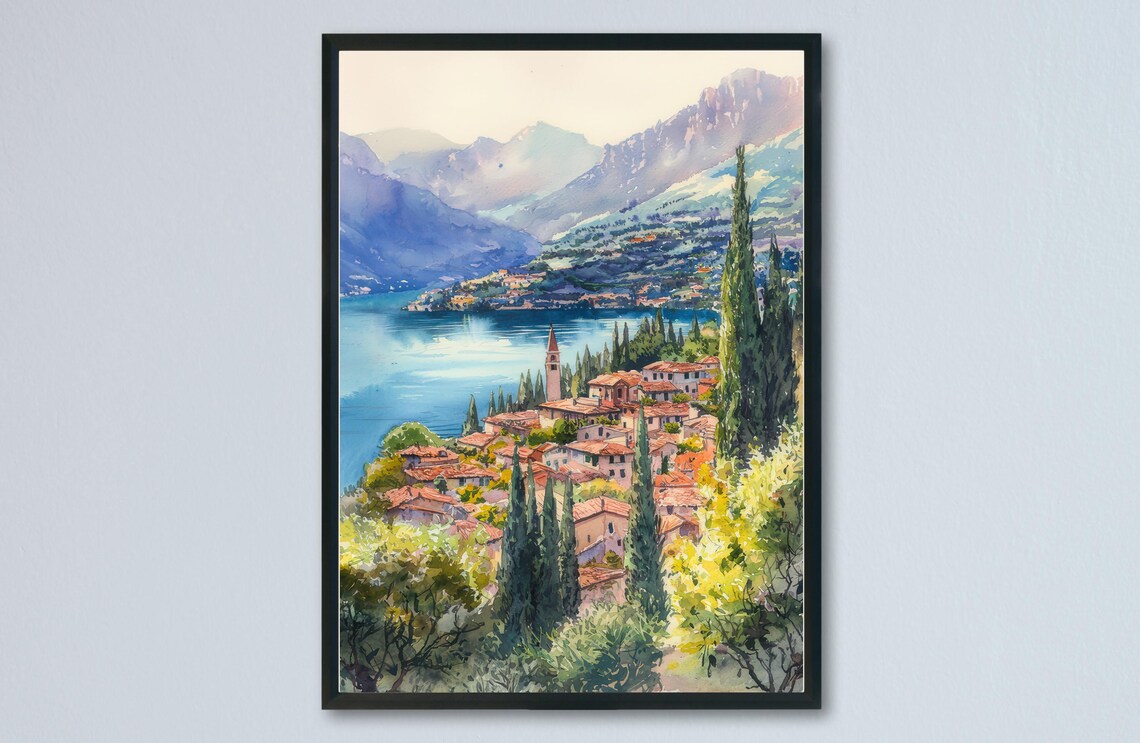 Lake Garda Italy Watercolor Lakeside Town Mountains Art Poster