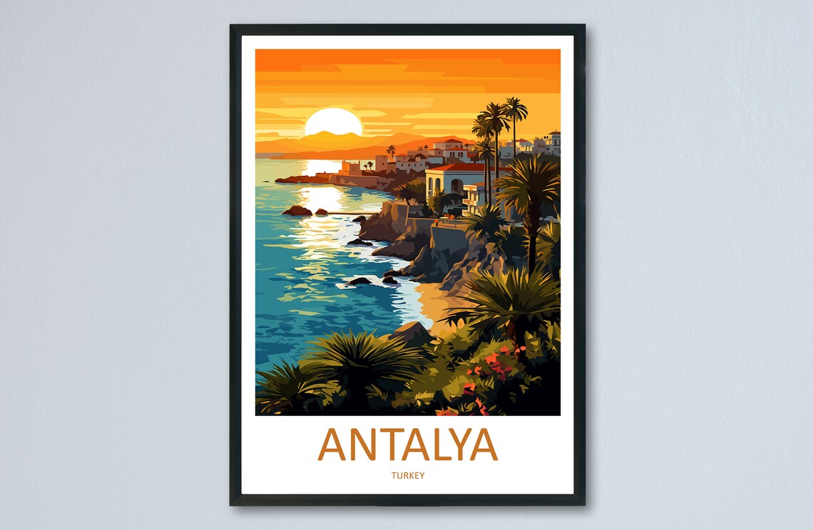 Antalya Turkey Golden Sunset Coastline Illustrated Travel Poster