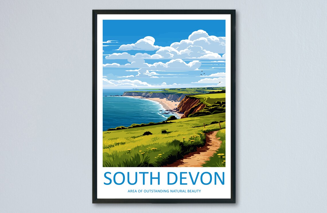 South Devon Coast Path Green Cliffs Illustrated Travel Art Poster
