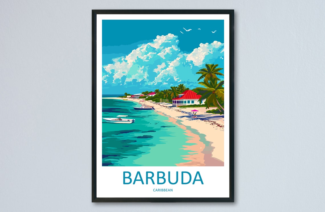 Barbuda Caribbean Beach Scene Boats Palm Trees Island Art Print