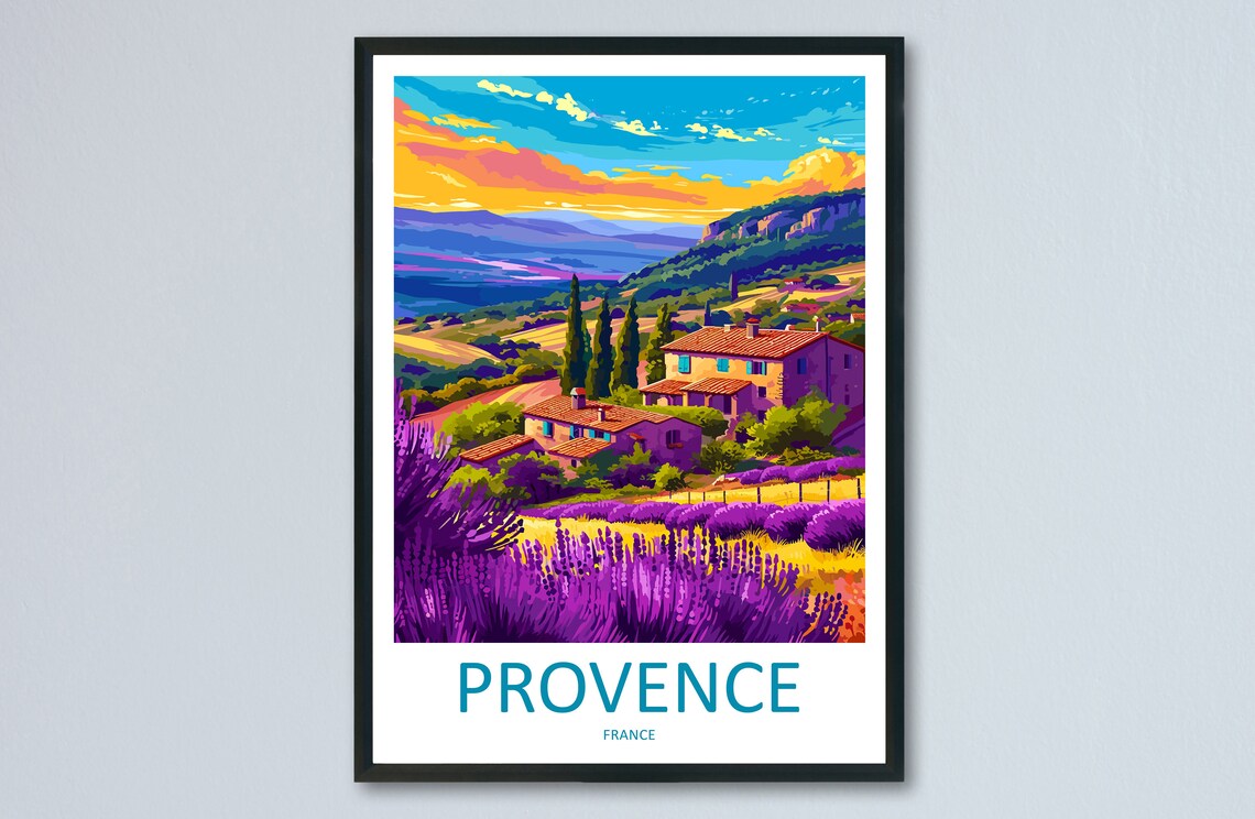 Provence France Lavender Fields Farmhouse Sunset Vintage Travel Poster