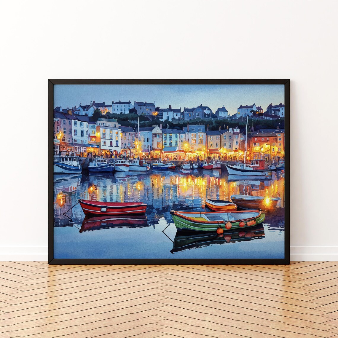 Colorful Fishing Boats in a Harbor Town at Dusk with Golden Lights Poster
