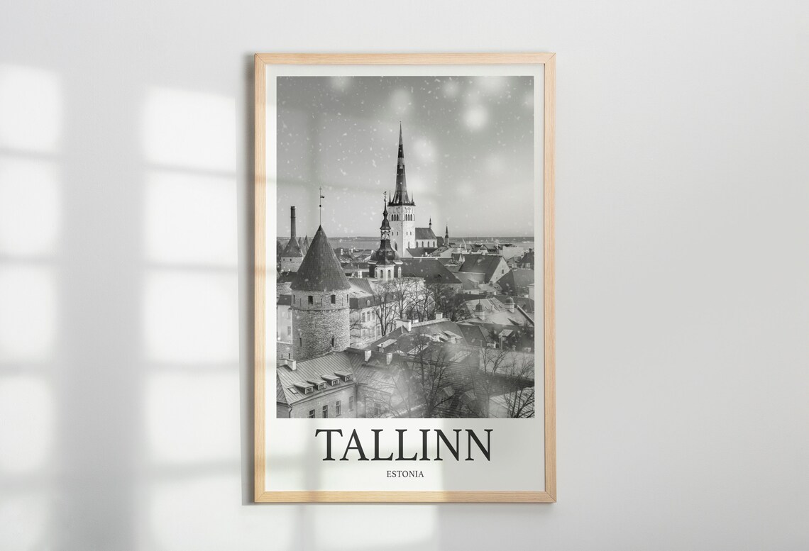 Tallinn Estonia Snowy Old Town Towers Black White Photography Print