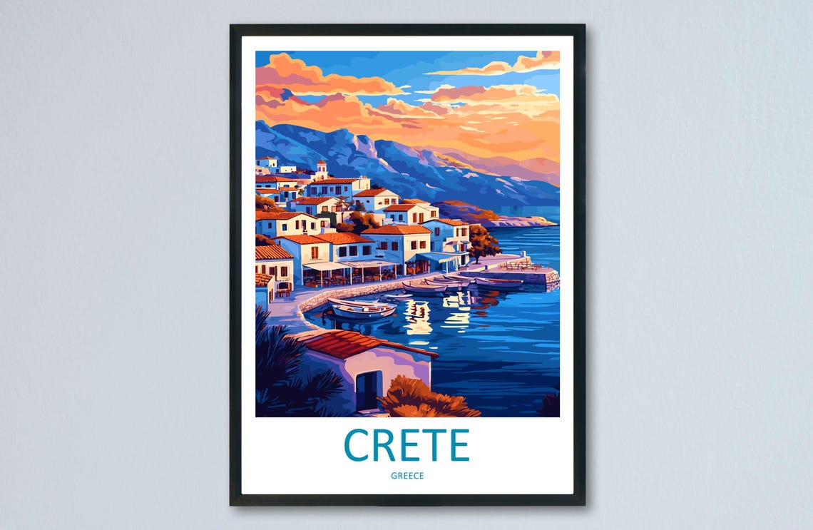 Crete Greece Whitewashed Village Sunset Harbor Travel Poster