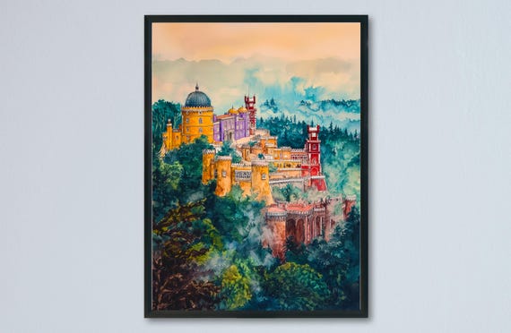 Sintra Watercolor Travel Poster, Portugal Palace Decor