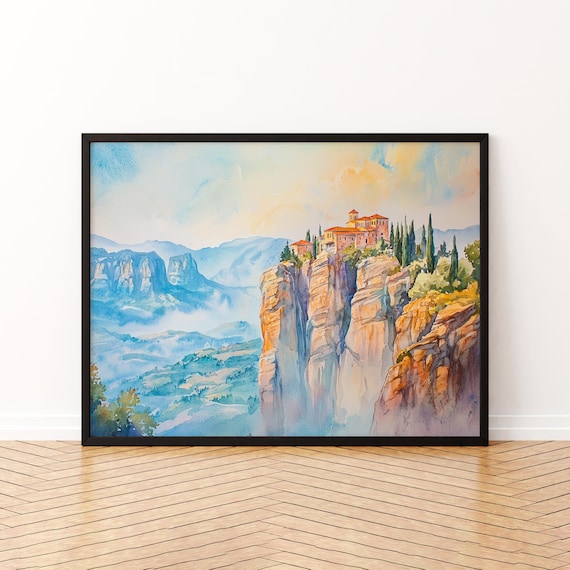 Meteora Greece Watercolor Poster Monastery Atop Towering Rock Pillars Art