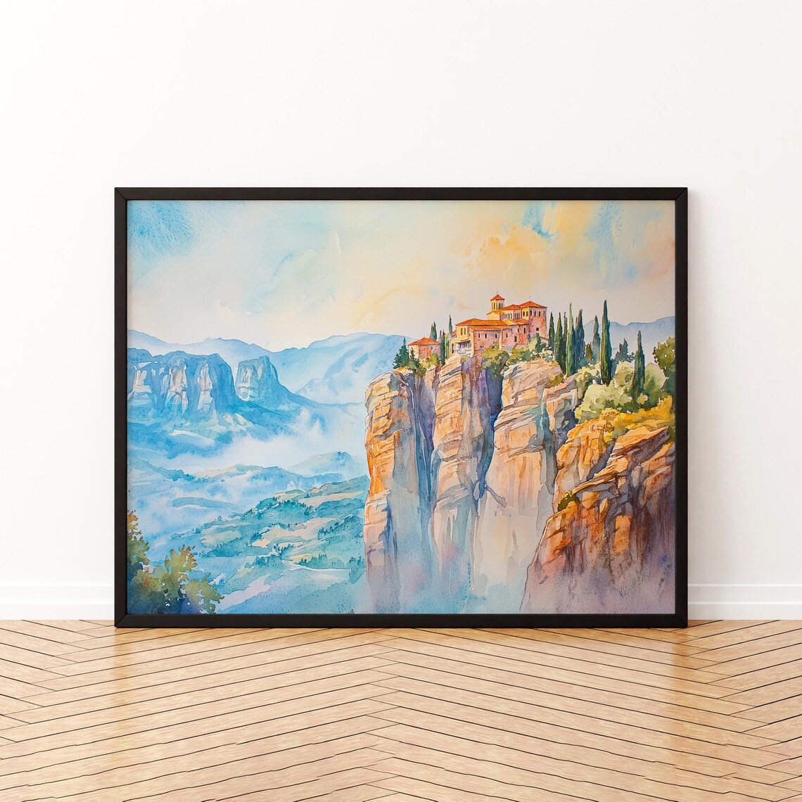 Meteora Greece Watercolor Poster Monastery Atop Towering Rock Pillars Art