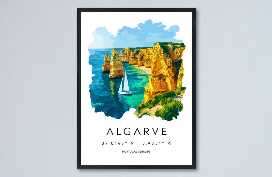 Algarve Golden Cliffs Sailboat Watercolor Portugal Coast Poster