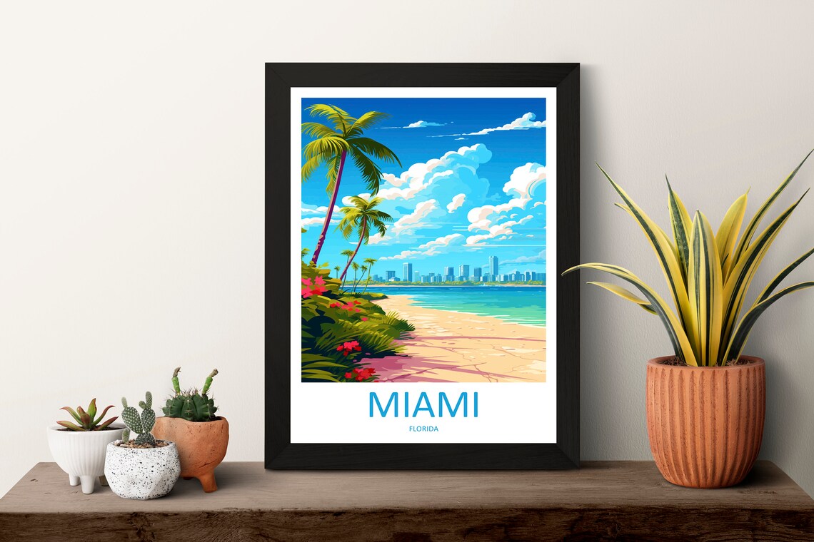 Miami Florida Beach Palm Trees City Skyline Tropical Travel Poster - Image 3