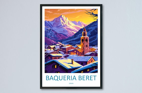 Baqueria Beret Spain Sunset Village Church Peaks Travel Poster