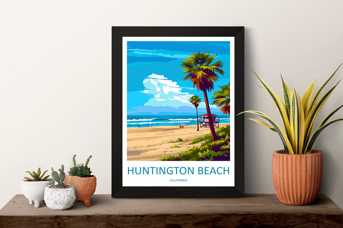 Huntington Beach California Palm Tree Lifeguard Tower Poster - Image 3