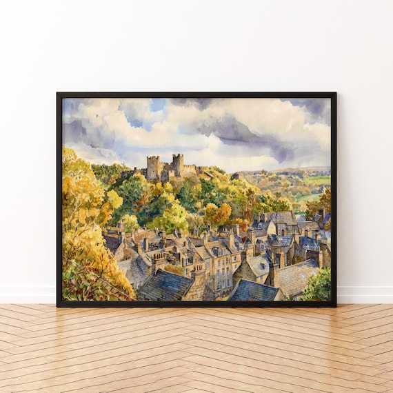 Richmond England Castle Over Town Watercolor Yorkshire Dales Poster