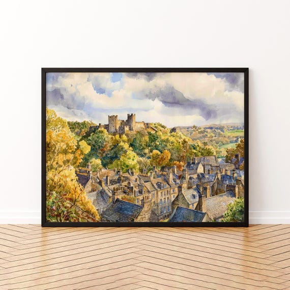 Richmond England Watercolor Poster Travel Print Yorkshire Town Painting Castle Wall Art Uk Decor Souvenir