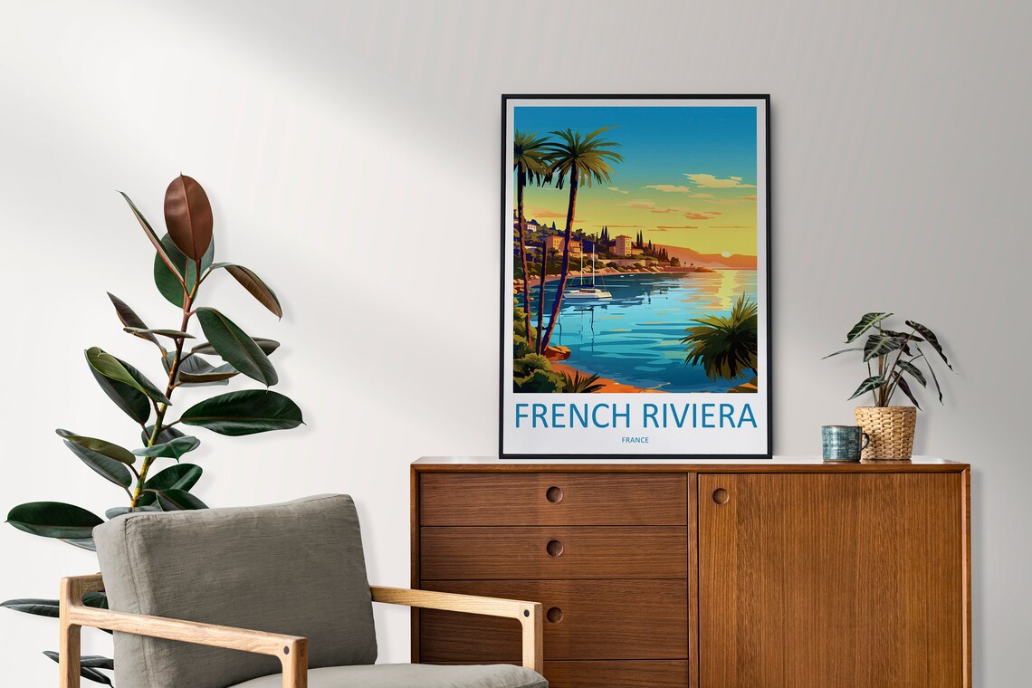 French Riviera France Sunset Bay Palm Trees Coastal Town Travel Poster - Image 2
