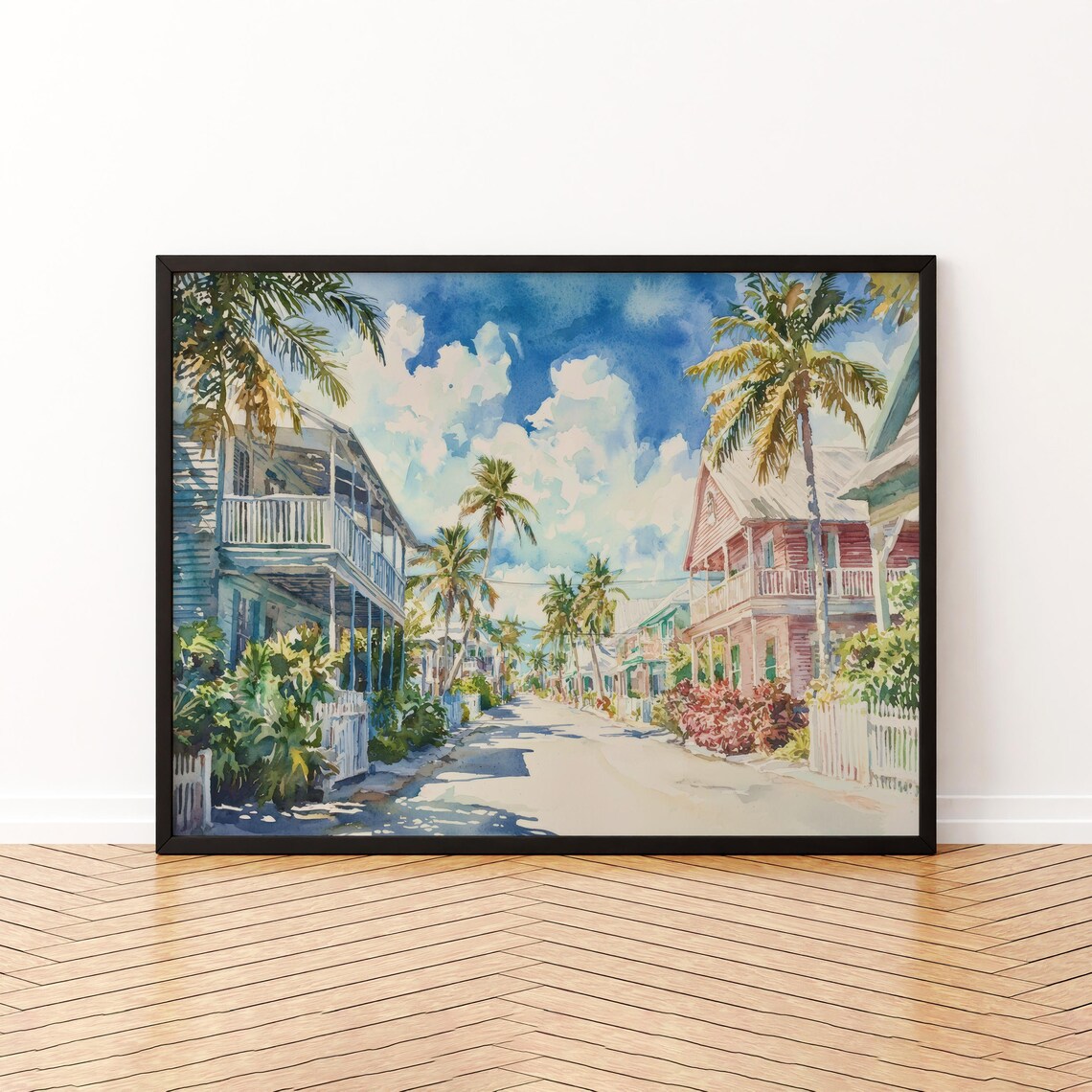 Key West Palm Lined Street Pastel Houses Tropical Watercolor Poster