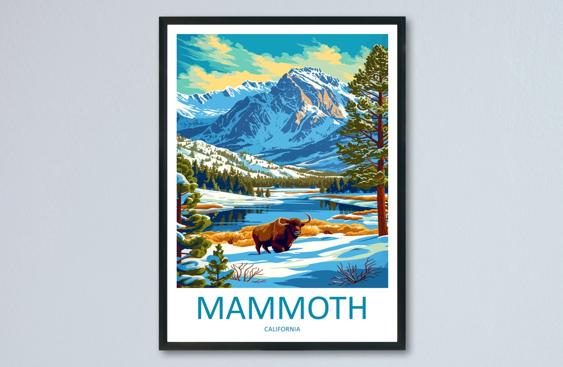 Mammoth California Snowy Mountain Bison Winter Lake Travel Poster