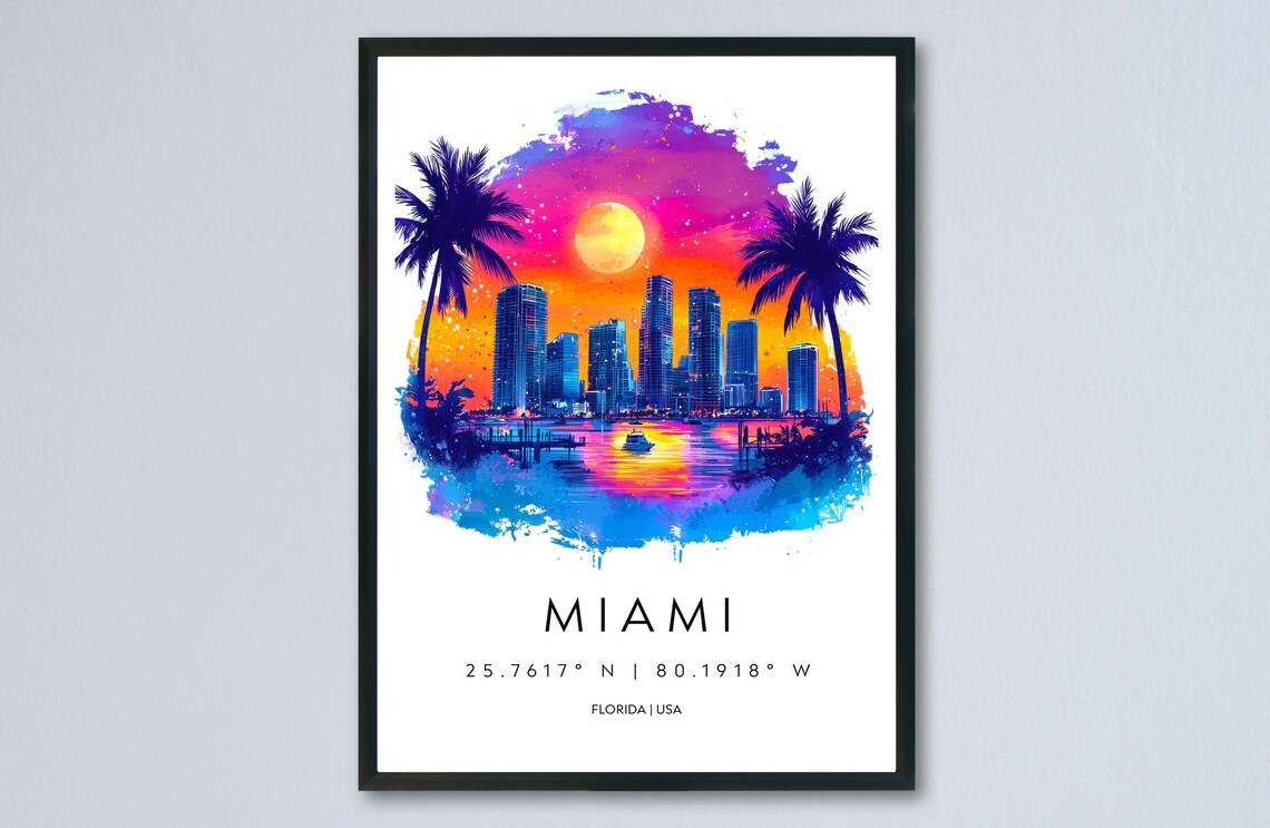 Miami Florida Neon Sunset Watercolor City Skyline Travel Poster