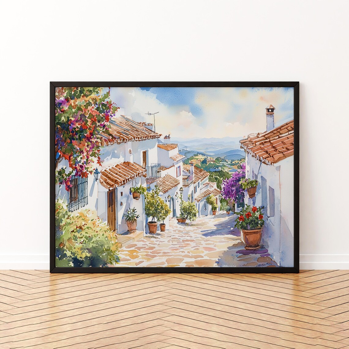 Mijas Spain White Village Street Bougainvillea Watercolor Poster