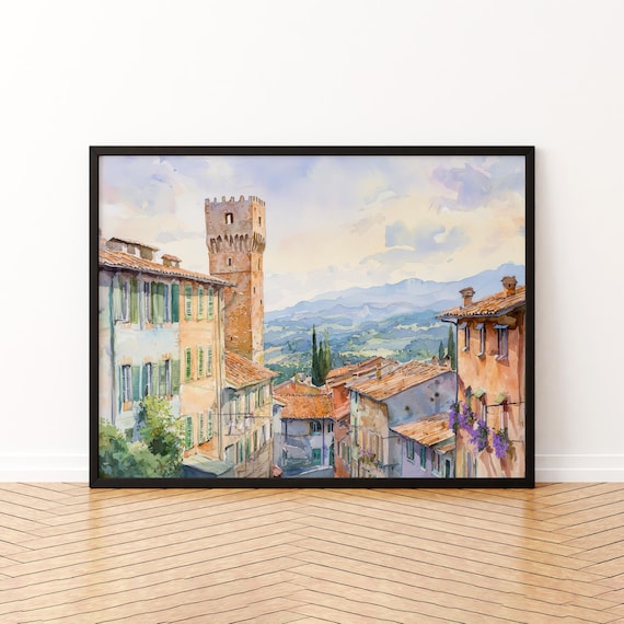 Lucca Italy Watercolor Tower Terracotta Roofs Rolling Hills City Art Poster