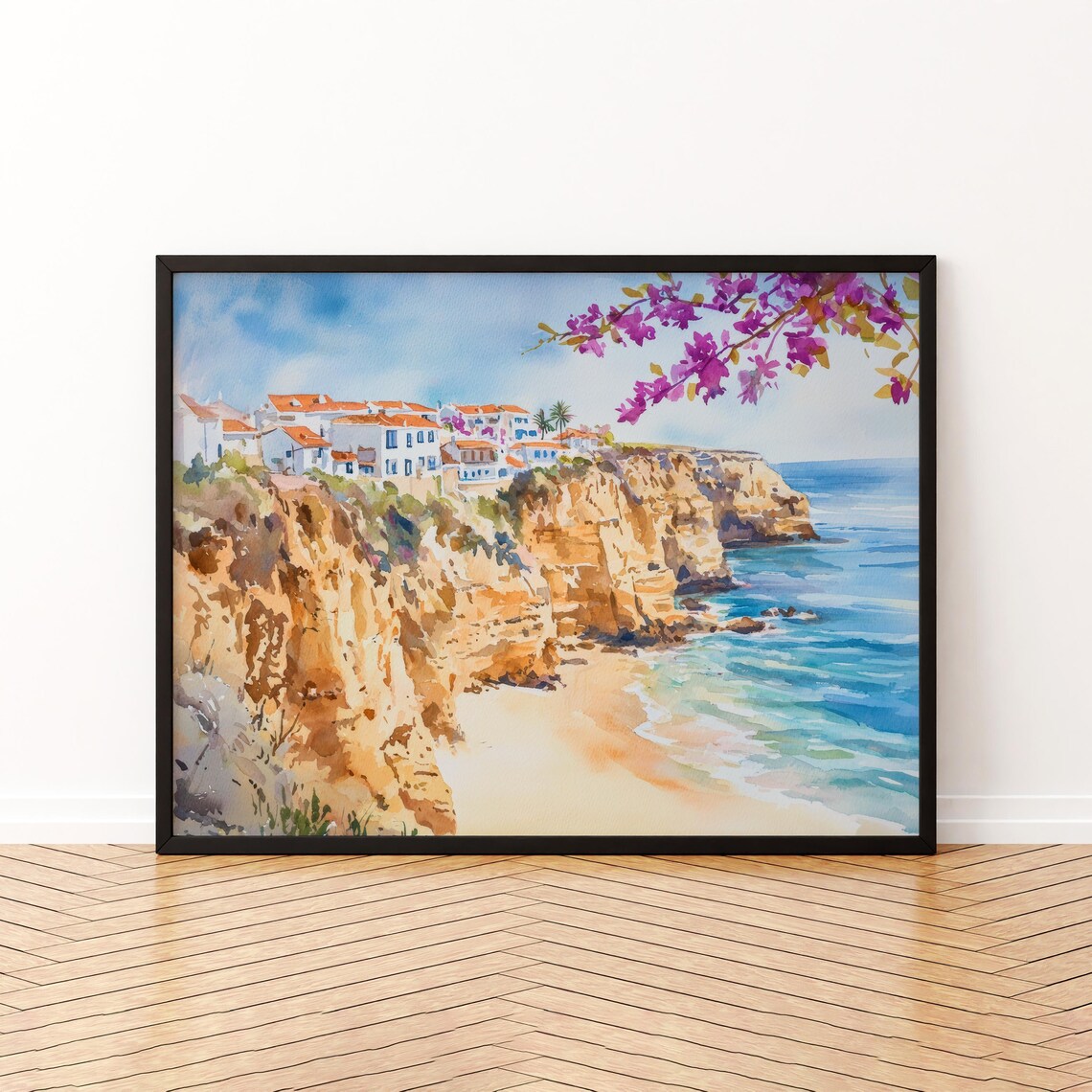 Cliffside Mediterranean Village Golden Cliffs Watercolor Print