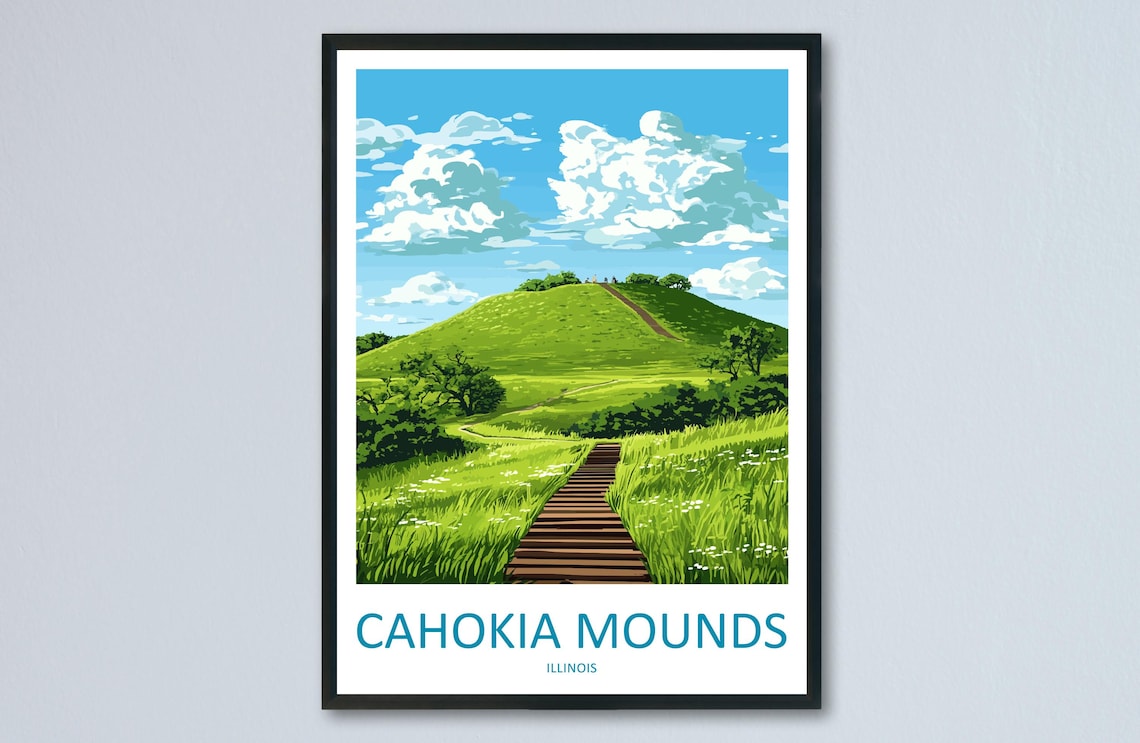 Cahokia Mounds Illinois Green Hill Staircase Vintage Travel Poster