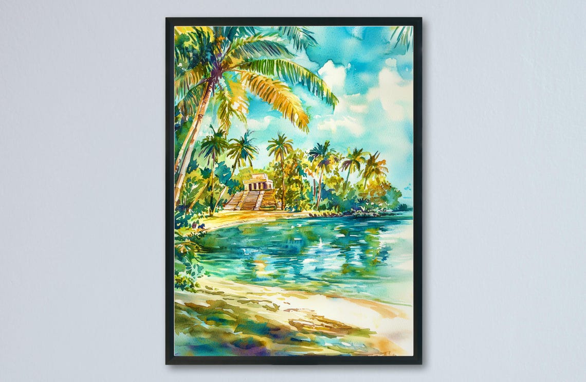 Tropical Island Shore With Ancient Temple and Palm Trees Poster