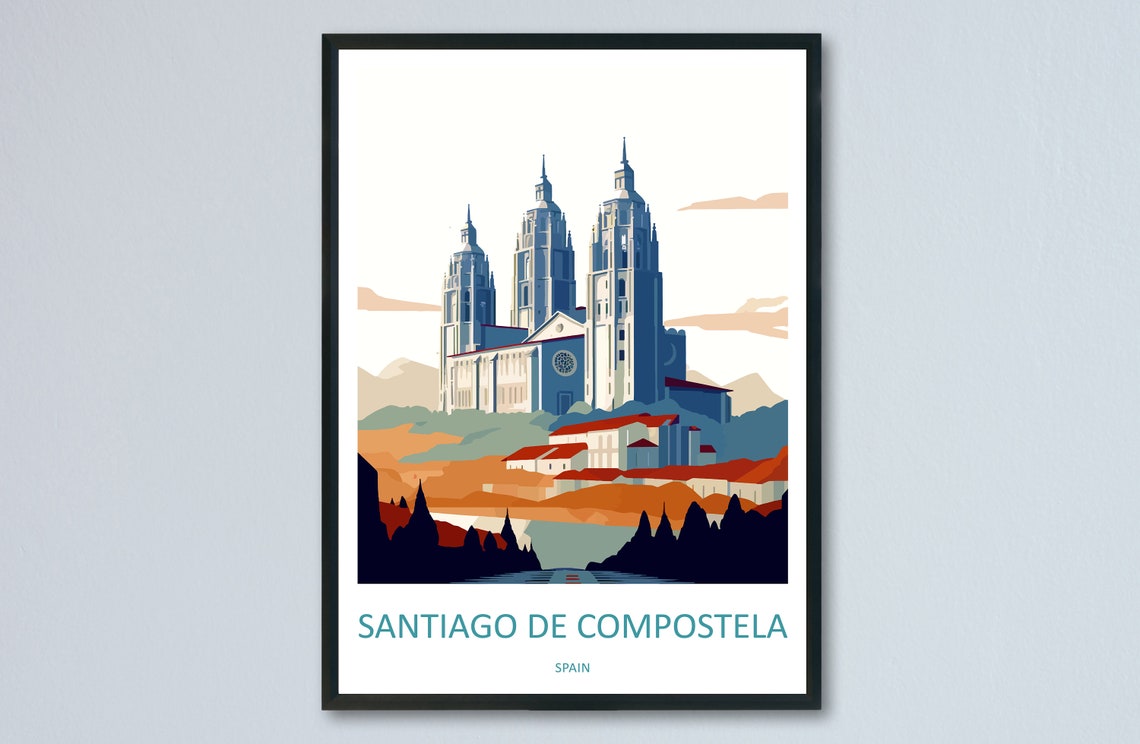 Santiago de Compostela Spain Travel Poster with the Grand Cathedral