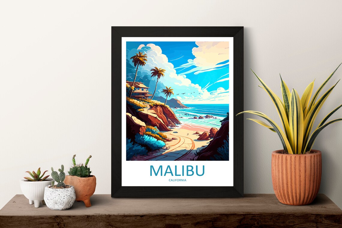 Malibu California Coastal Cliffs Beach House Sunset Travel Poster - Image 3