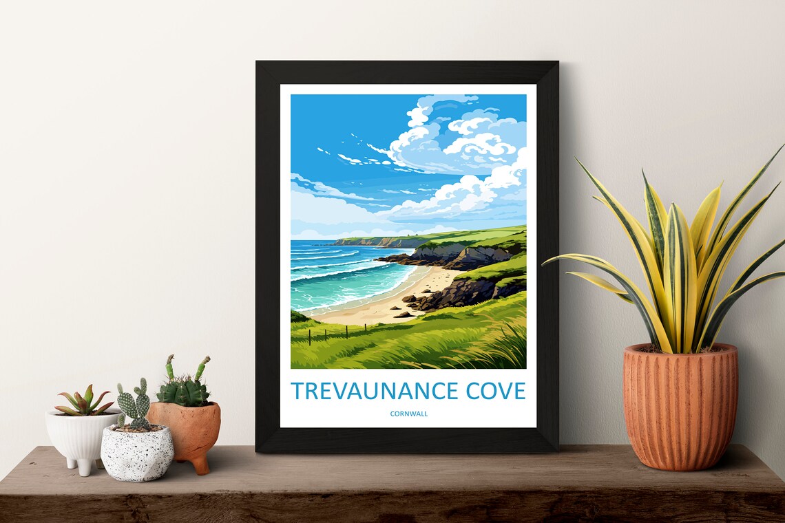Trevaunance Cove Cornwall Sunny Surf Beach Scene Travel Poster - Image 3