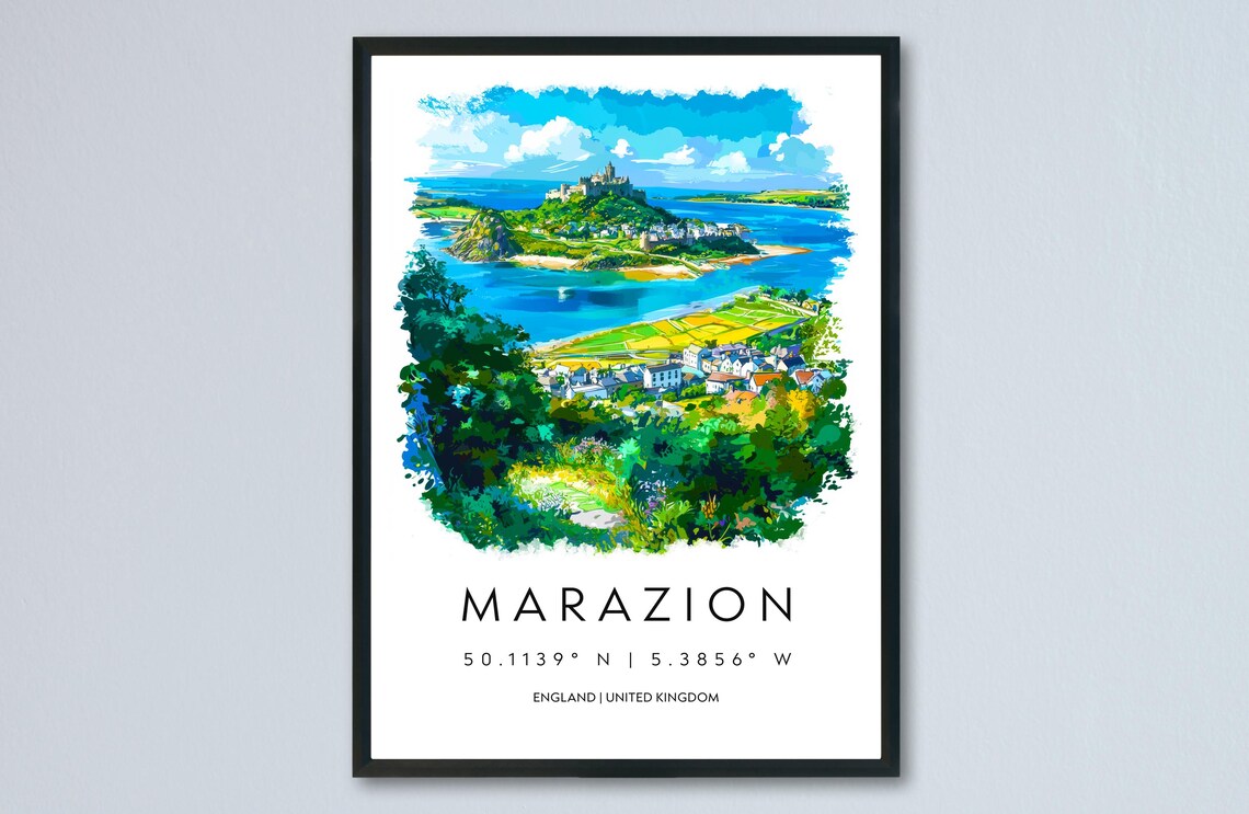 Marazion England Coastal Island Castle Watercolor Travel Poster