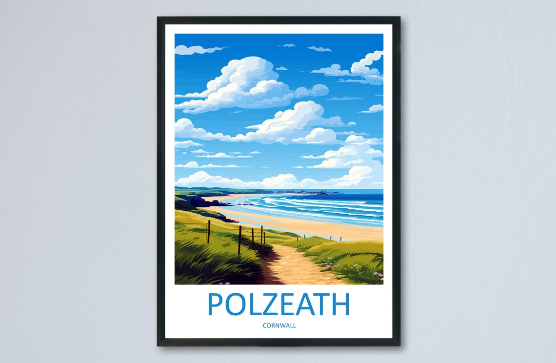 Sunny Polzeath Beach Coastal Dune Trail Cornwall Travel Poster
