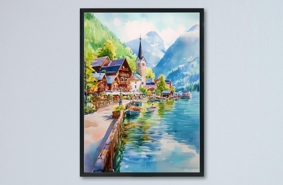 Hallstatt Lakeside Village Church Spire Boats Watercolor Poster