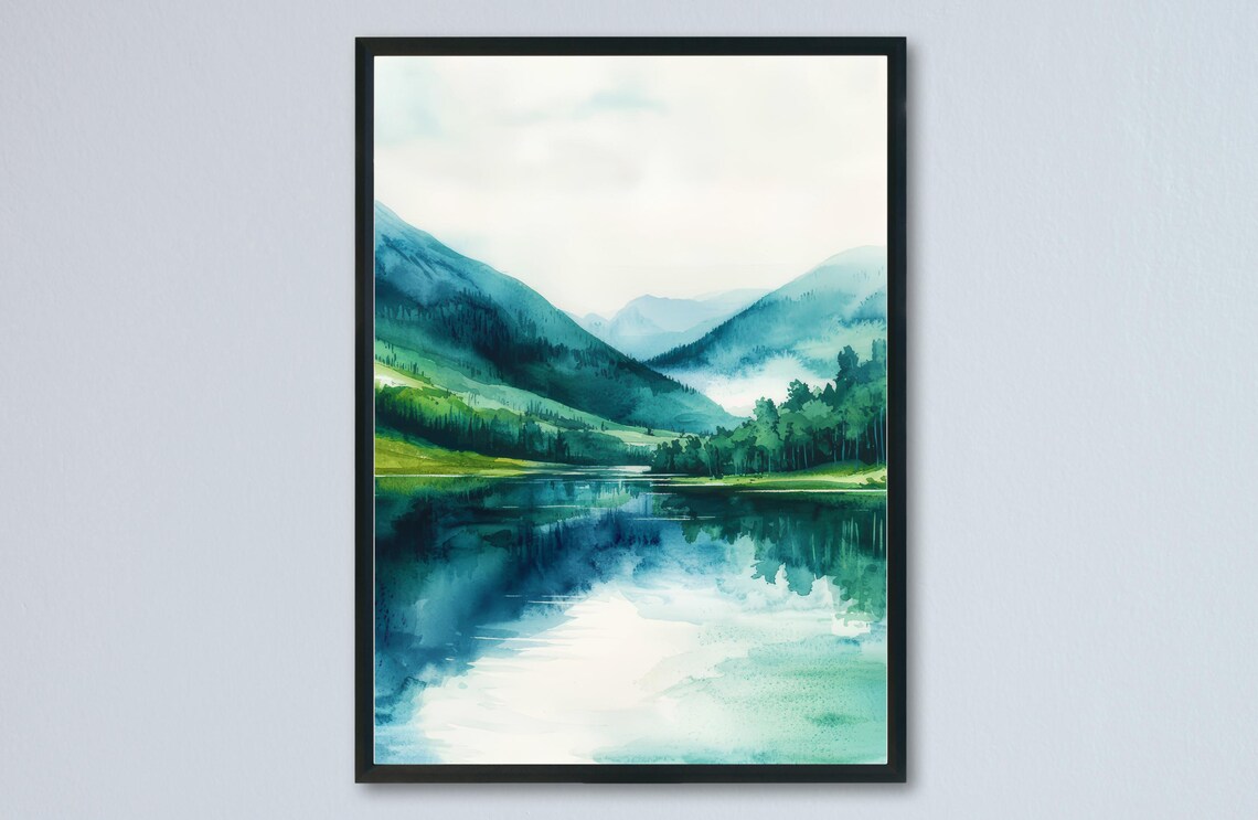 Wicklow Mountains Misty Ireland Lake Watercolor Travel Poster