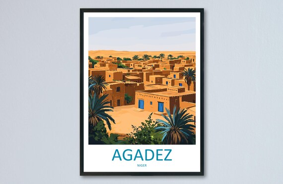 Agadez Niger Desert City Oasis Travel Poster Mud Brick Town View
