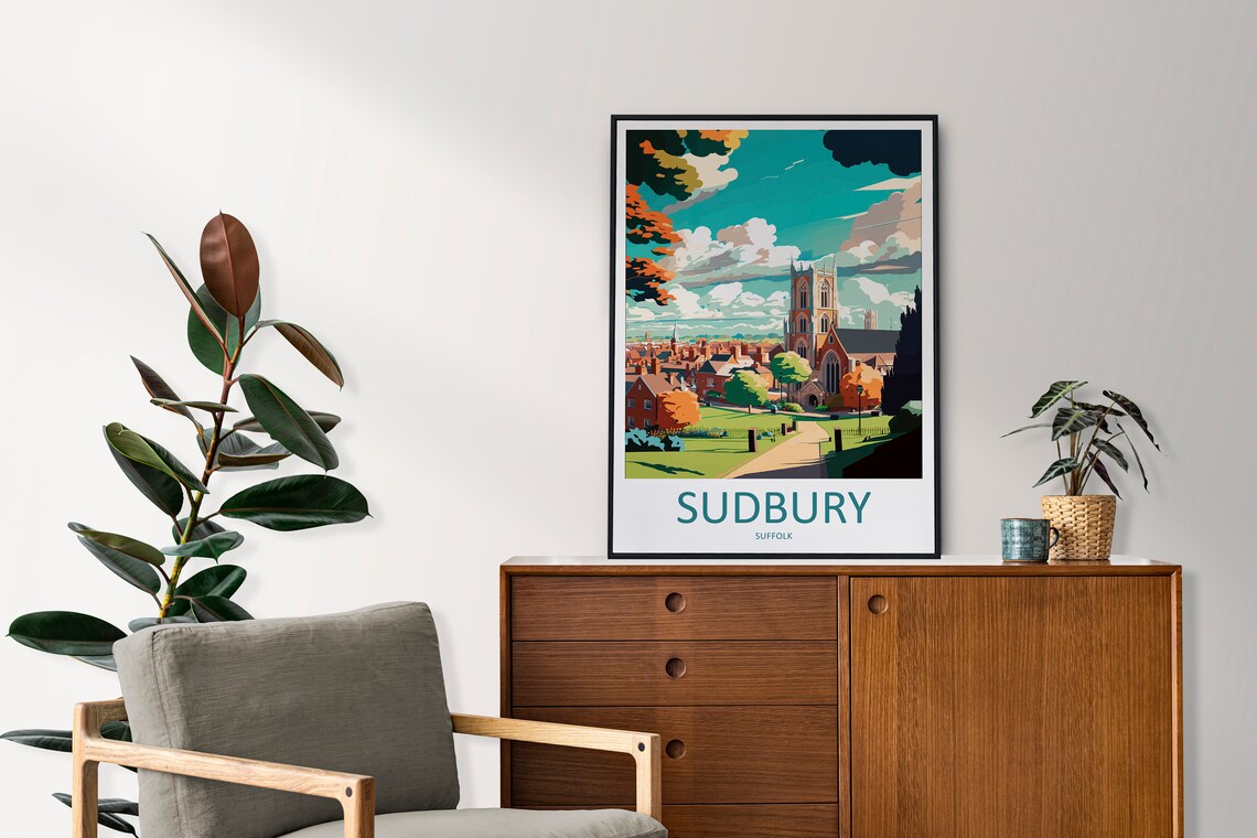 Sudbury Suffolk England Church Town Skyline Colorful Art Travel Poster - Image 2