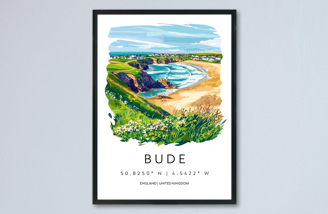Bude England Coastal Cliffs Surf Beach Watercolor Travel Poster