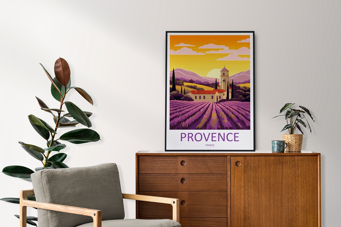 Provence France Lavender Fields with Church at Sunset Travel Poster - Image 2