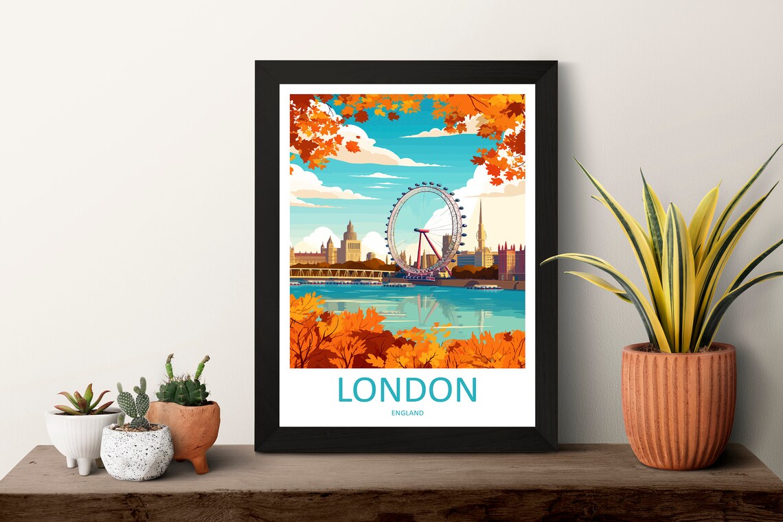 London Eye Autumn Foliage Thames View Illustration Travel Poster - Image 3