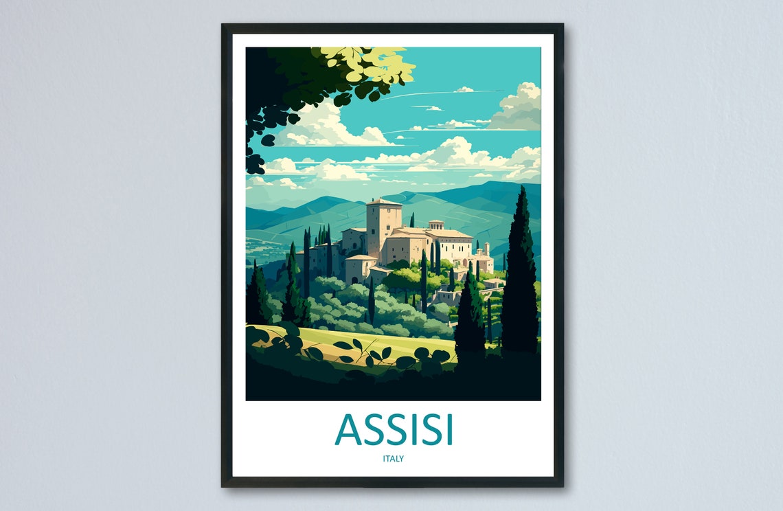 Assisi Italy Hilltop Town Cypress Trees Travel Art Poster Artwork