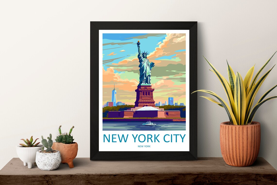 New York City Statue Of Liberty Sunset Skyline Vintage Travel Poster - Image 3