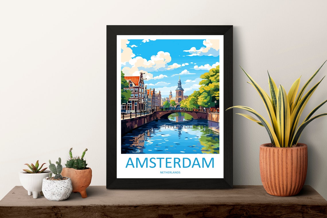 Sunny Amsterdam Canal with Old Bridge Vintage Travel Art Poster - Image 3