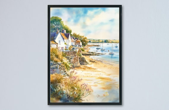 Rock Cornwall Estuary Sailing Boats Sandy Shore Waterfront Cottages Poster